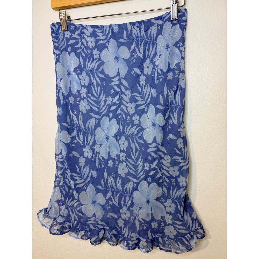 Rave Blue Hawaiian Floral Mini Skirt Sheer Ruffle Hem Y2K Tropical Stretch Waist